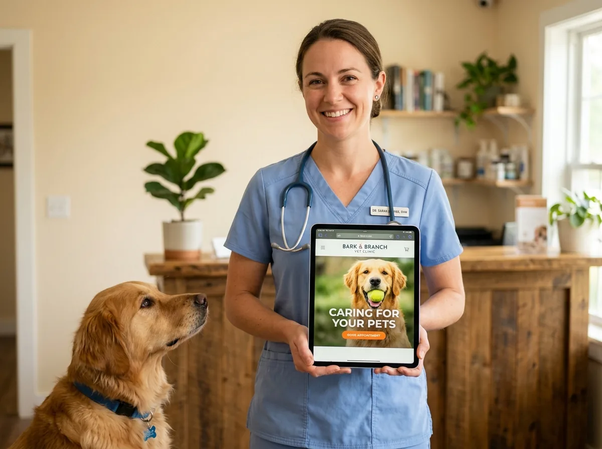 Veterinaria mostrando en una tablet el sitio web de una clínica veterinaria, demo de Cataloneg Webs