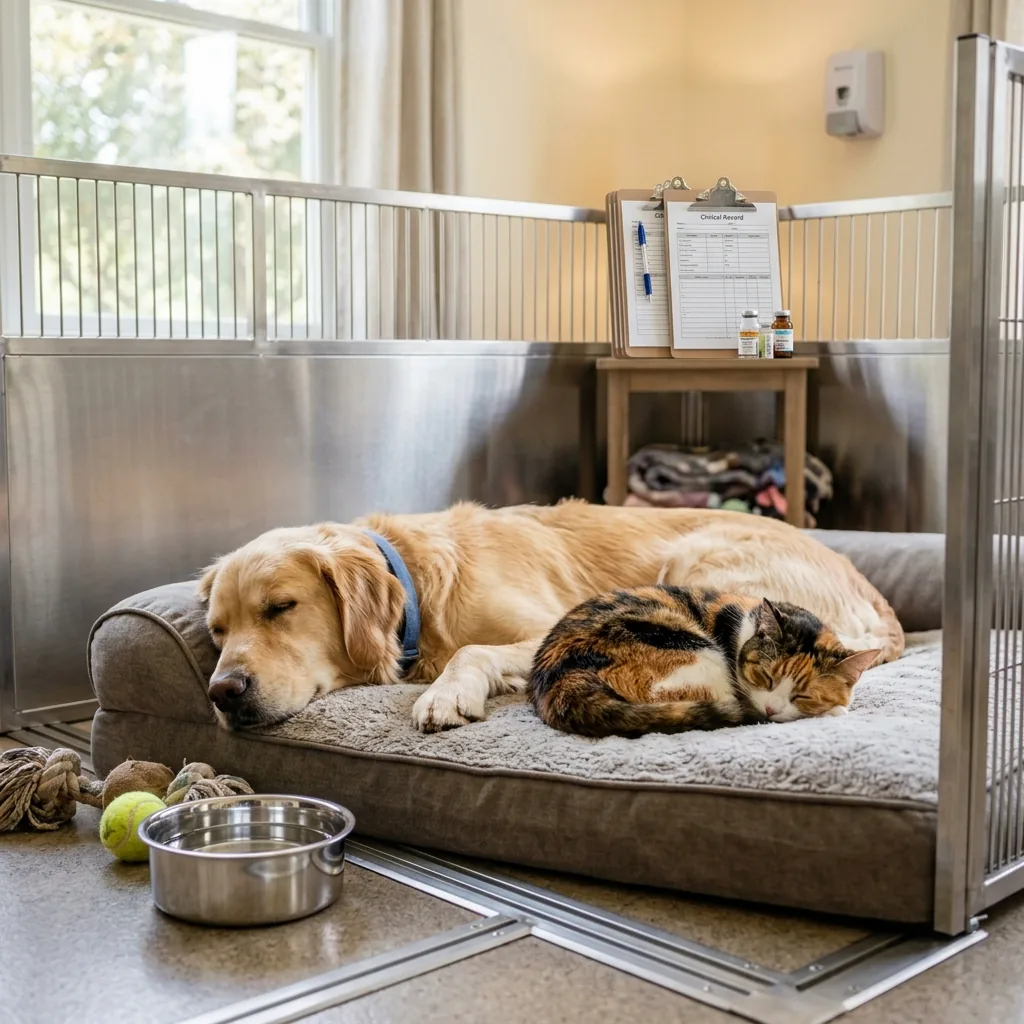 Mascotas descansando en el área de hospedaje de la clínica